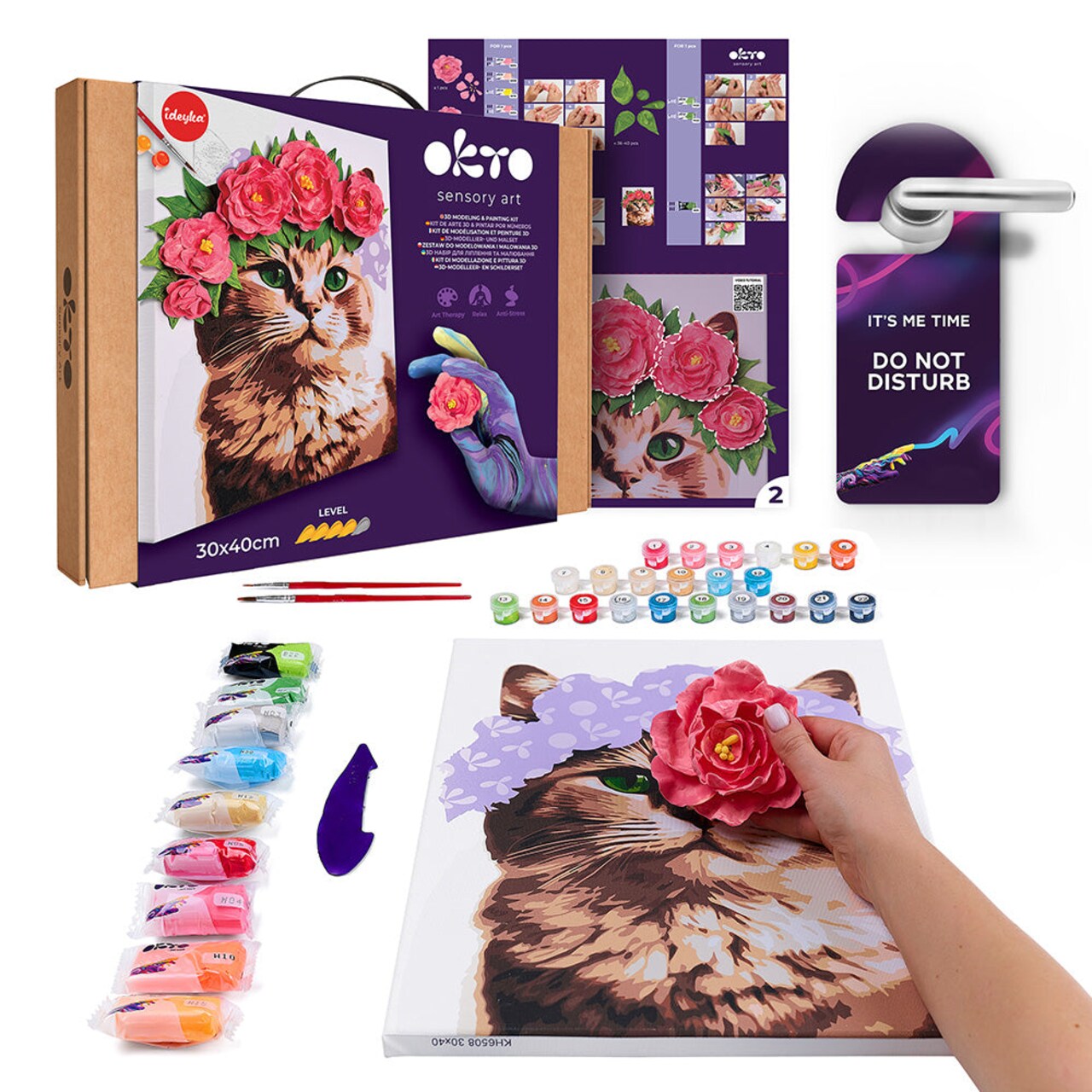 OKTO | Air Dry Clay Paint by Numbers & Modeling Kit for Adults | Elegant CAT Flower Crown | 11.8x15.7 in